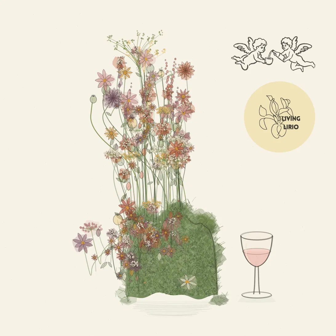 Illustration of a wild floral sculpture growing from a bed of moss, beside a glass of rosé